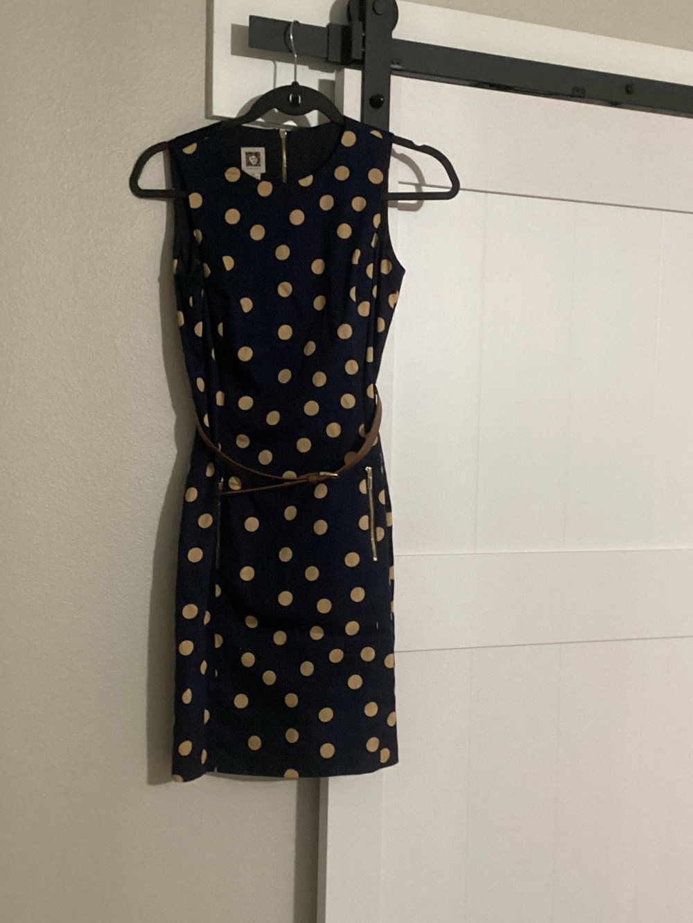 Anne Klein Navy Dress with Cream Polka Dots and Brown Belt